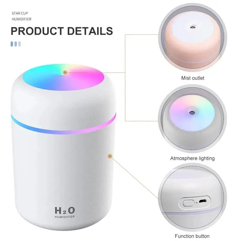 USB Portable 300ml Cool Mist Humidifier & Aroma Diffuser with Colorful Night Light for Home & Car